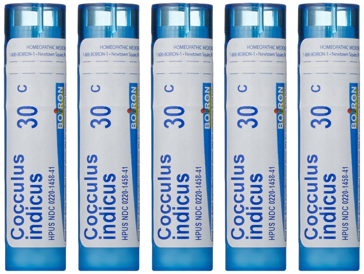 Boiron Cocculus Indicus 30C bottle shown for travel-friendly motion support
