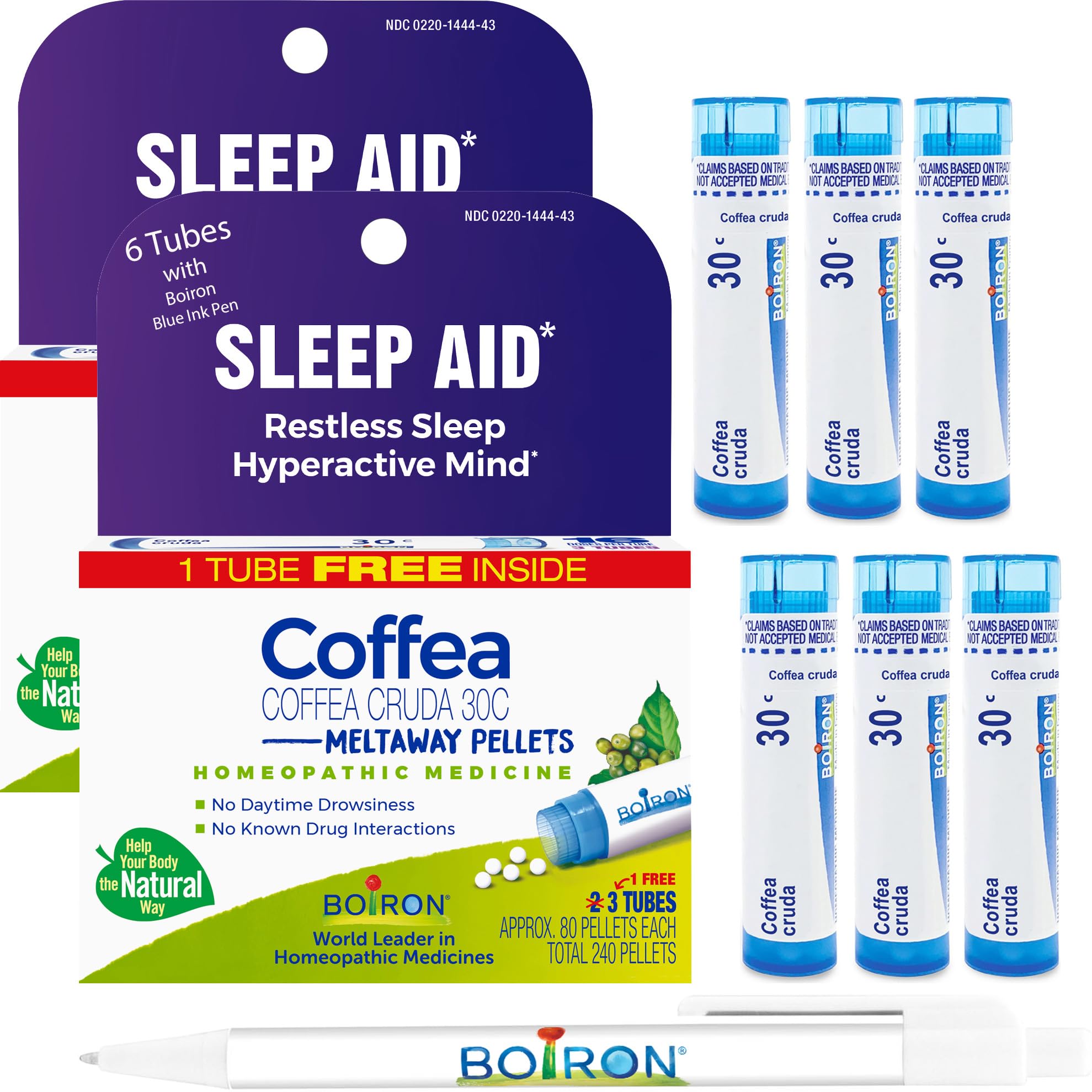 Boiron Coffea Cruda 30C blue tubes offering natural sleep support for calmer nights.