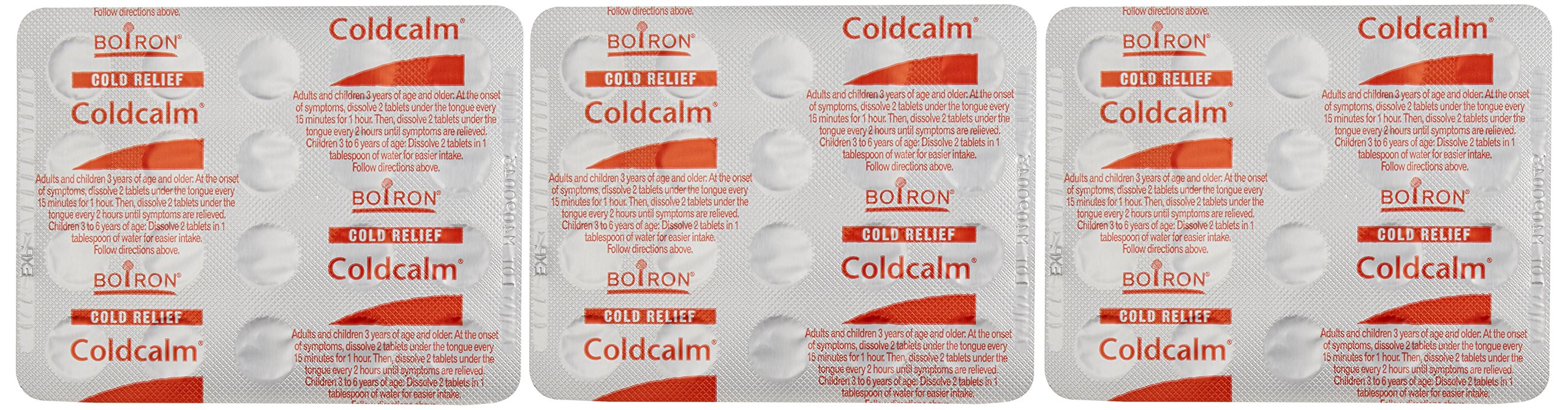 Boiron Coldcalm box packaging highlights a 3-pack option.