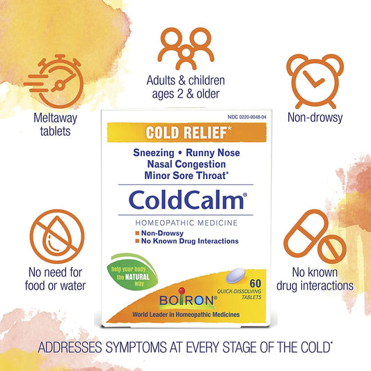 Close-up of Boiron Coldcalm tablets dissolving on the tongue for quick use.