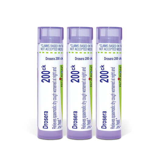 Boiron Drosera Rotundifolia 200Ck pellets in dispensing tubes for on-the-go use