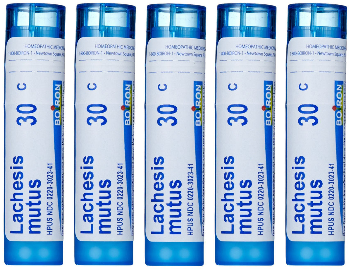 Boiron Lachesis Mutus 30C pellets, quick-dissolving format for on-the-spot symptom support.