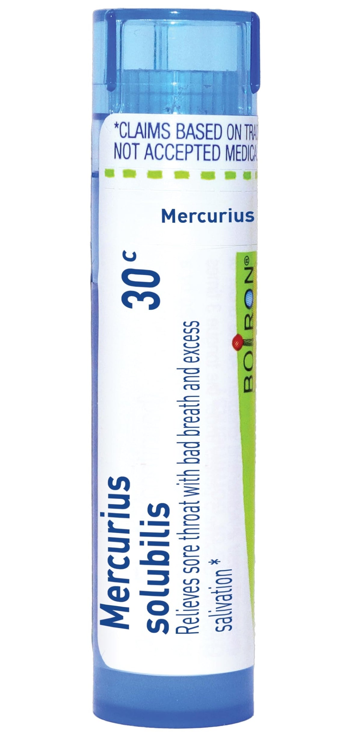 Boiron Mercurius Solubilis 30C pellets in a tube for on-the-go sore throat relief.