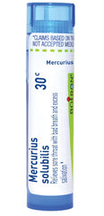 Boiron Mercurius Solubilis 30C pellets in a tube for on-the-go sore throat relief.
