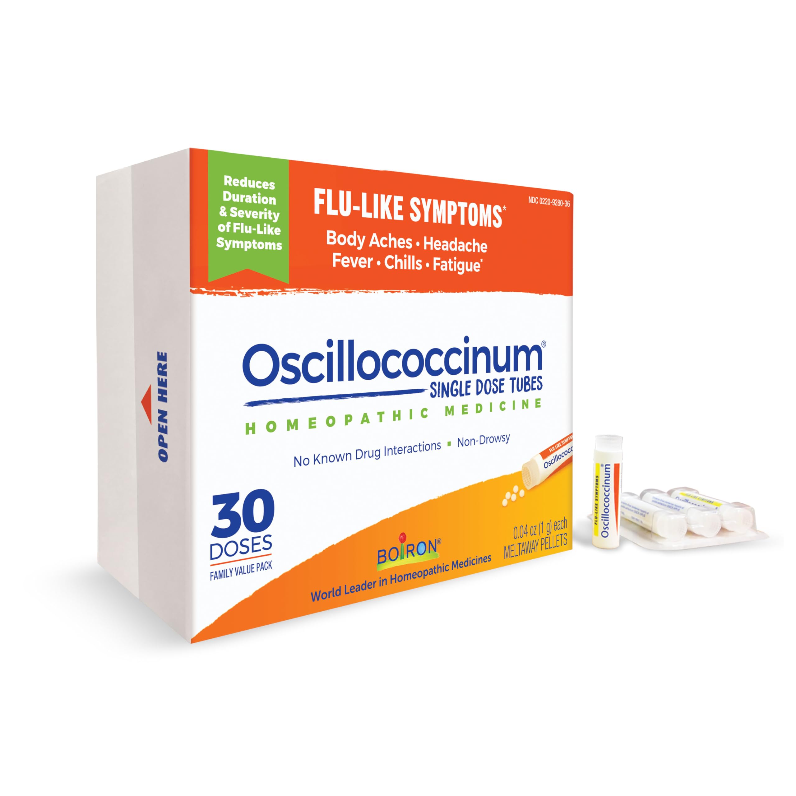 Boiron Oscillococcinum box with 30-dose packaging for flu-like relief