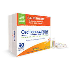 Boiron Oscillococcinum box with 30-dose packaging for flu-like relief