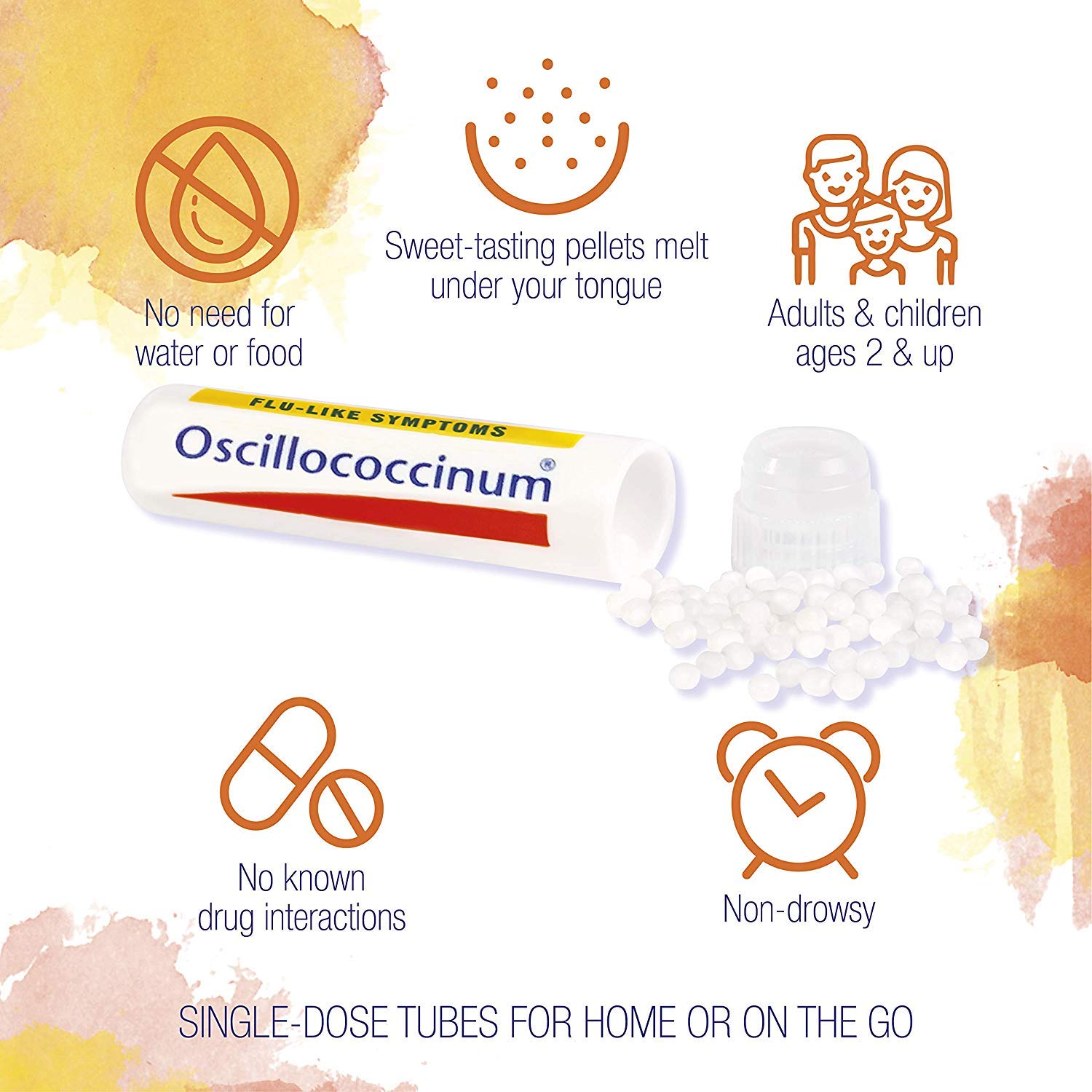 Box packaging highlights convenient dosing options for Oscillococcinum.