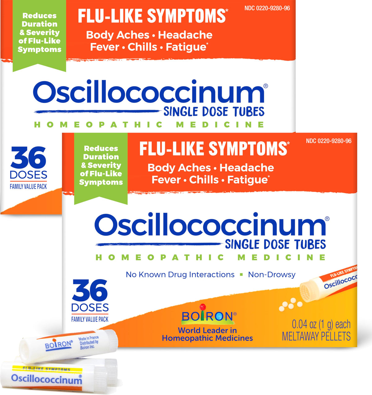 Boiron Oscillococcinum 72-dose pack front view, easy family-sized relief option.