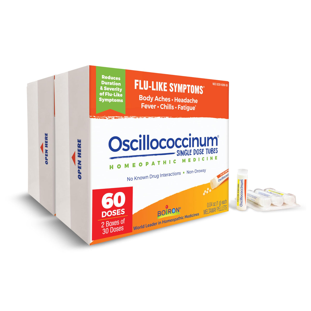 Boiron Oscillococcinum pellets dissolving in the mouth for easy relief.