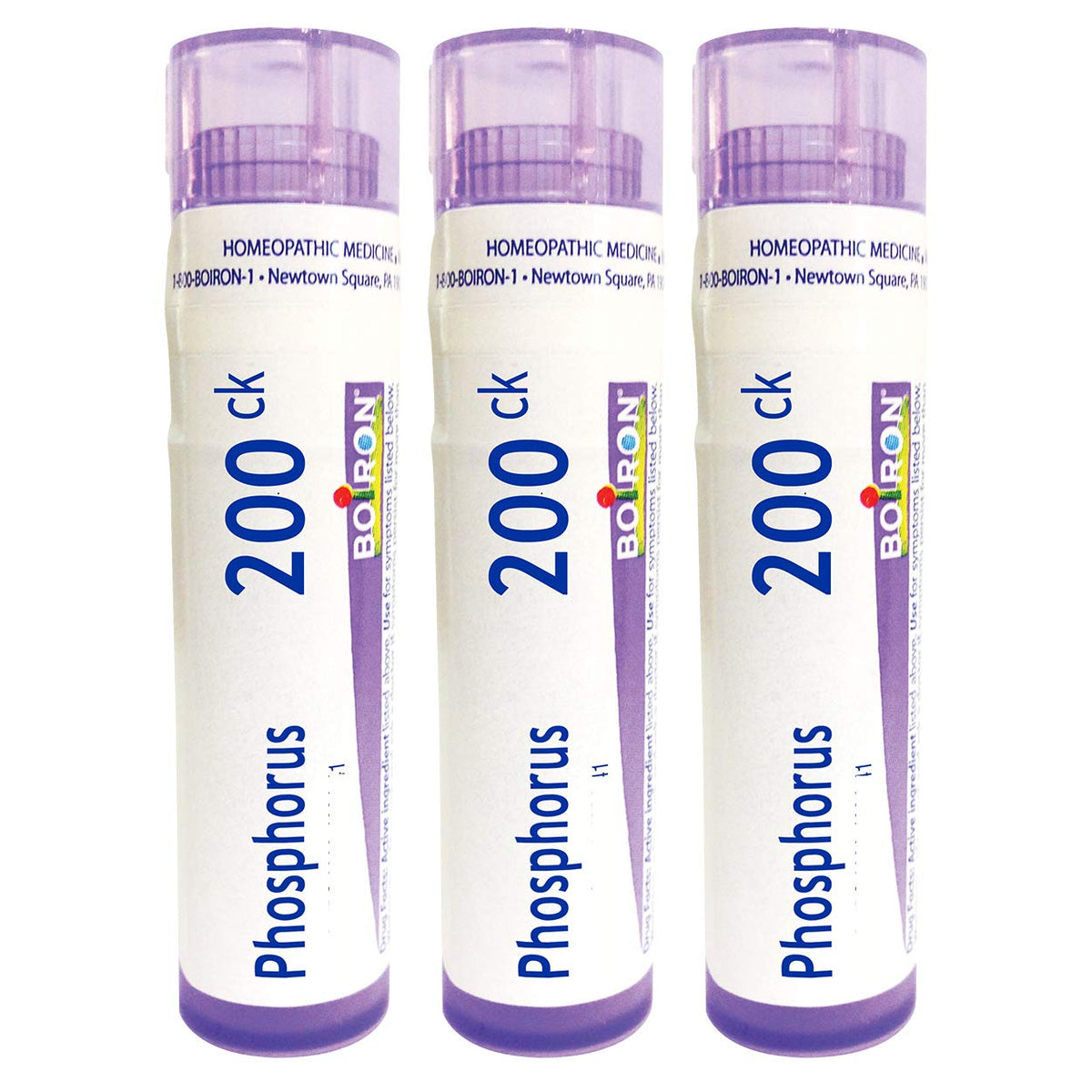 Boiron Phosphorus 200CK pack front with three tubes for on-the-go use.