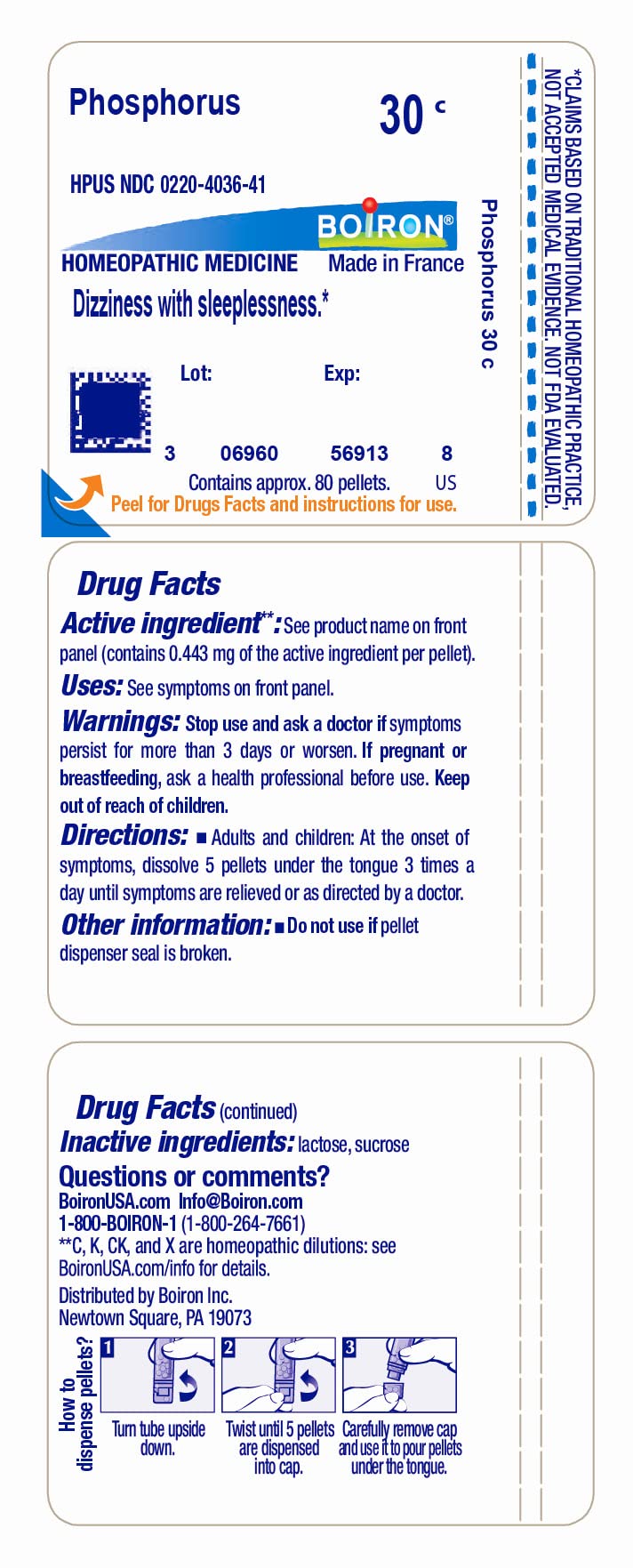 Boiron Phosphorus 30C pellets melt in mouth for quick dosing.