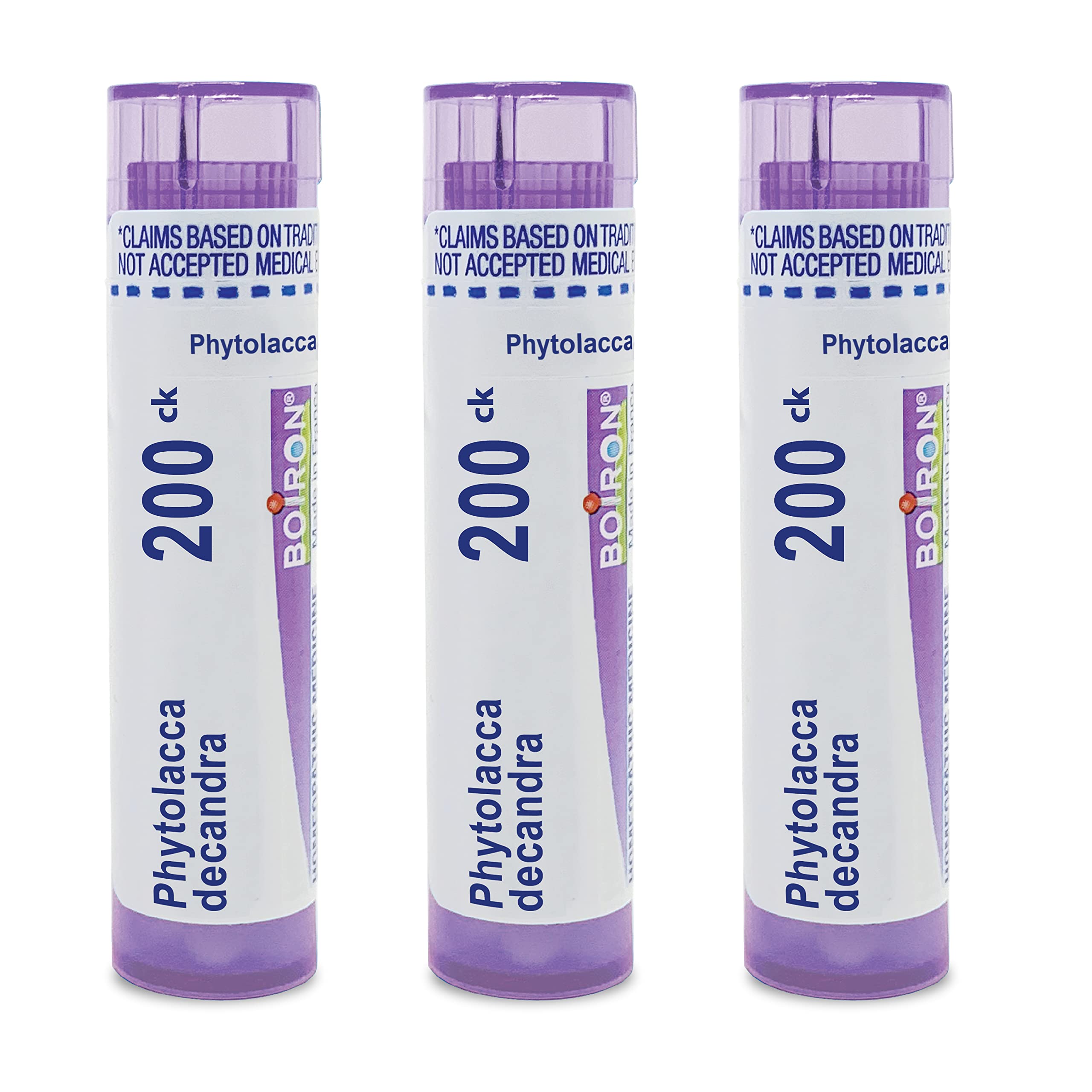 Boiron Phytolacca Decandra 200CK bottle for on-the-go sore throat relief.