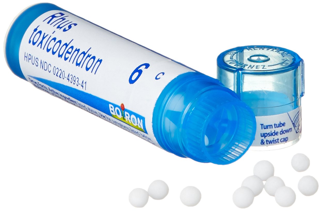 Pellets dissolving in mouth from Boiron Rhus Toxicodendron 6C tubes