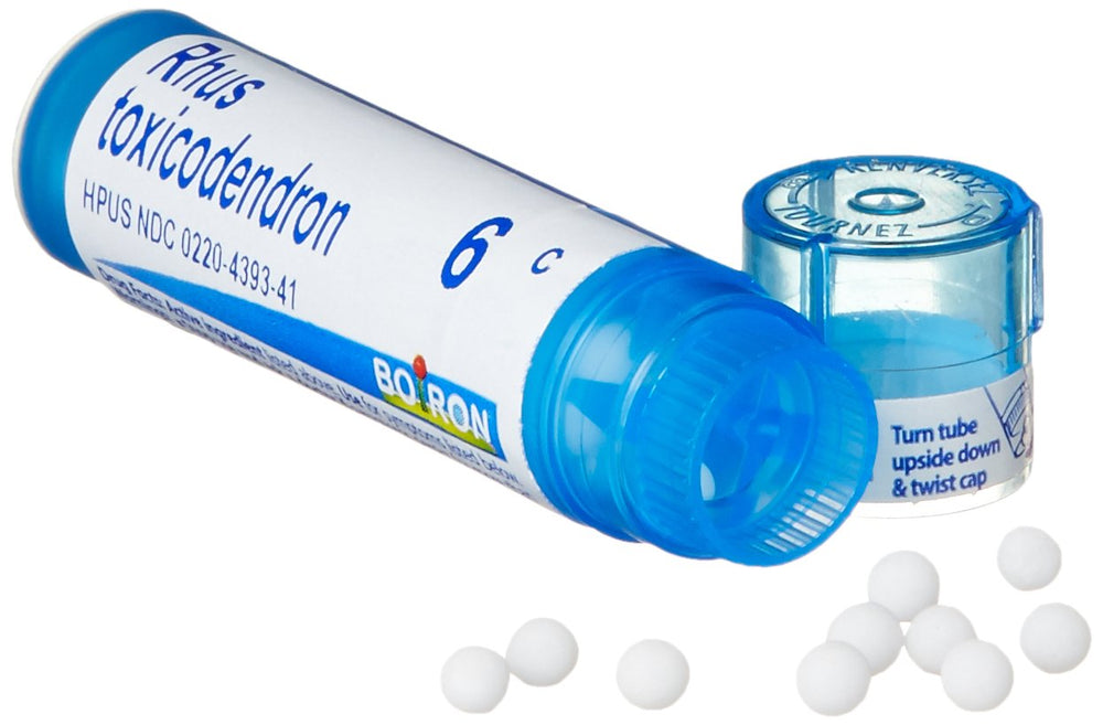 Pellets dissolving in mouth from Boiron Rhus Toxicodendron 6C tubes