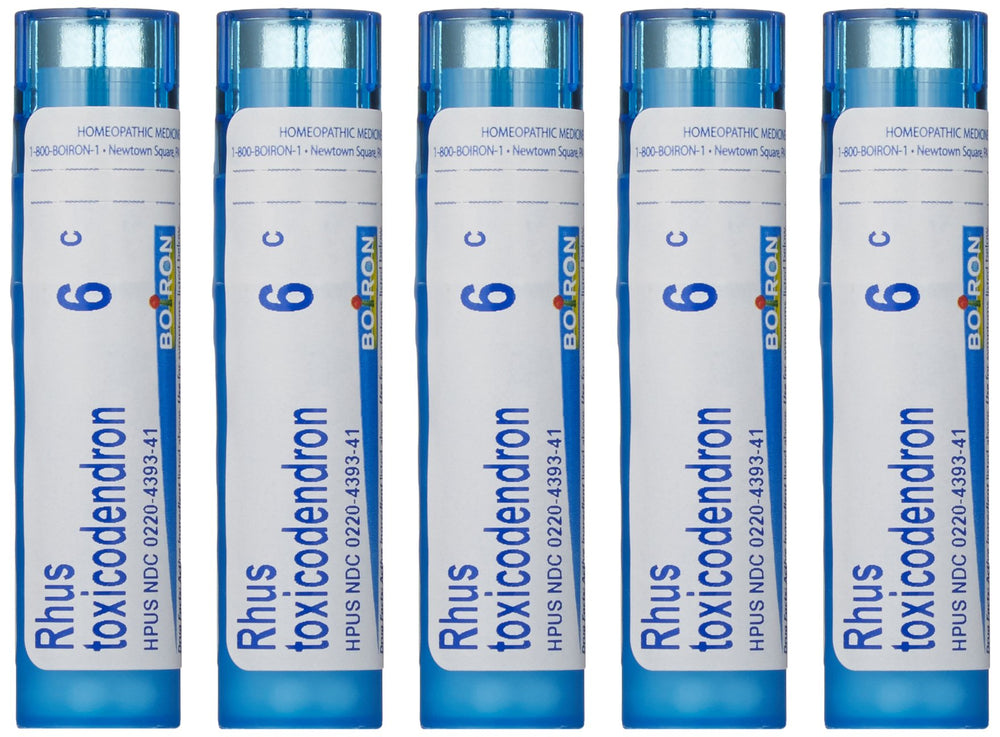 Boiron Rhus Toxicodendron 6C pellets in tubes front for gentle joint support