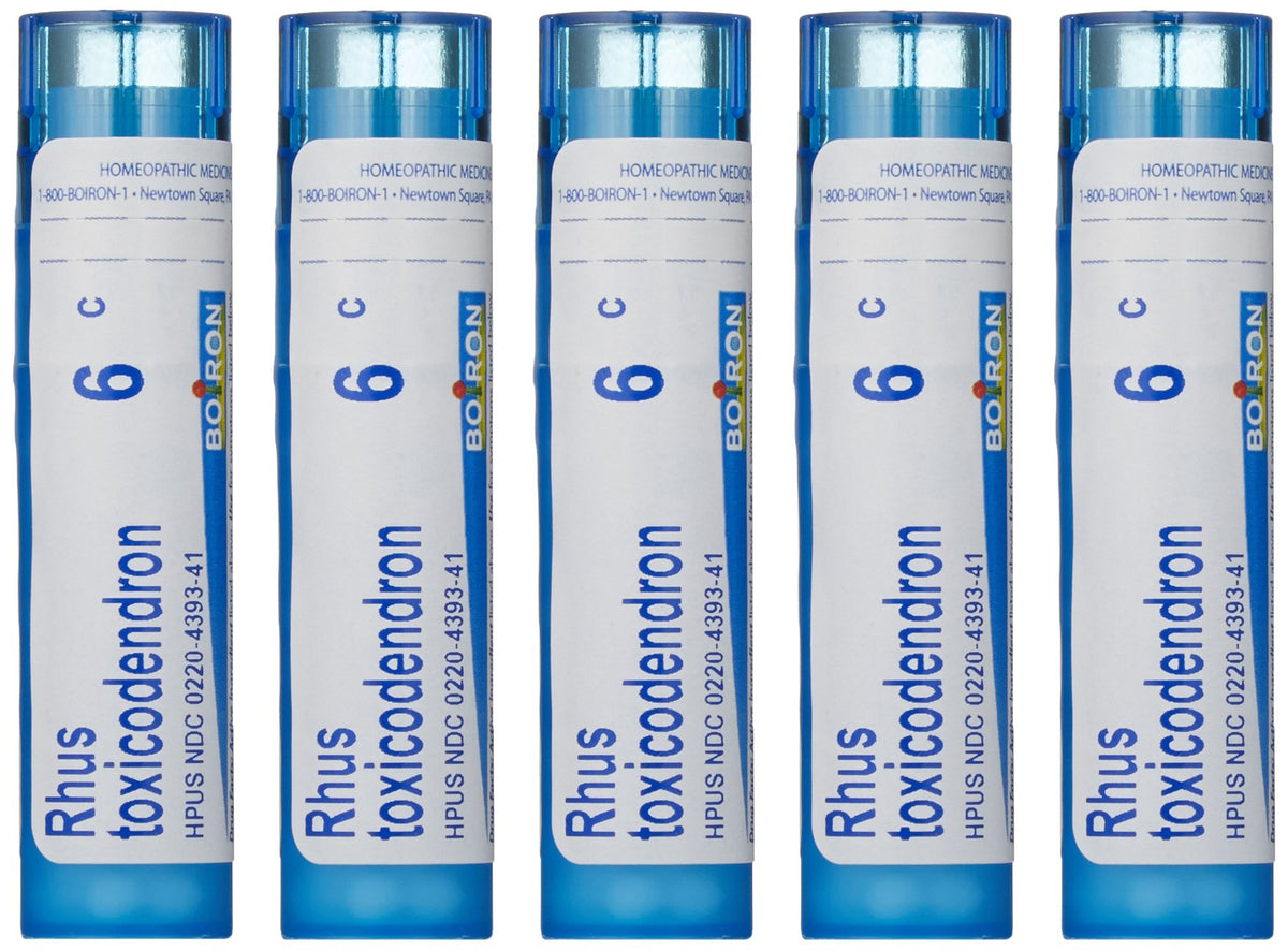 Boiron Rhus Toxicodendron 6C pellets in tubes front for gentle joint support