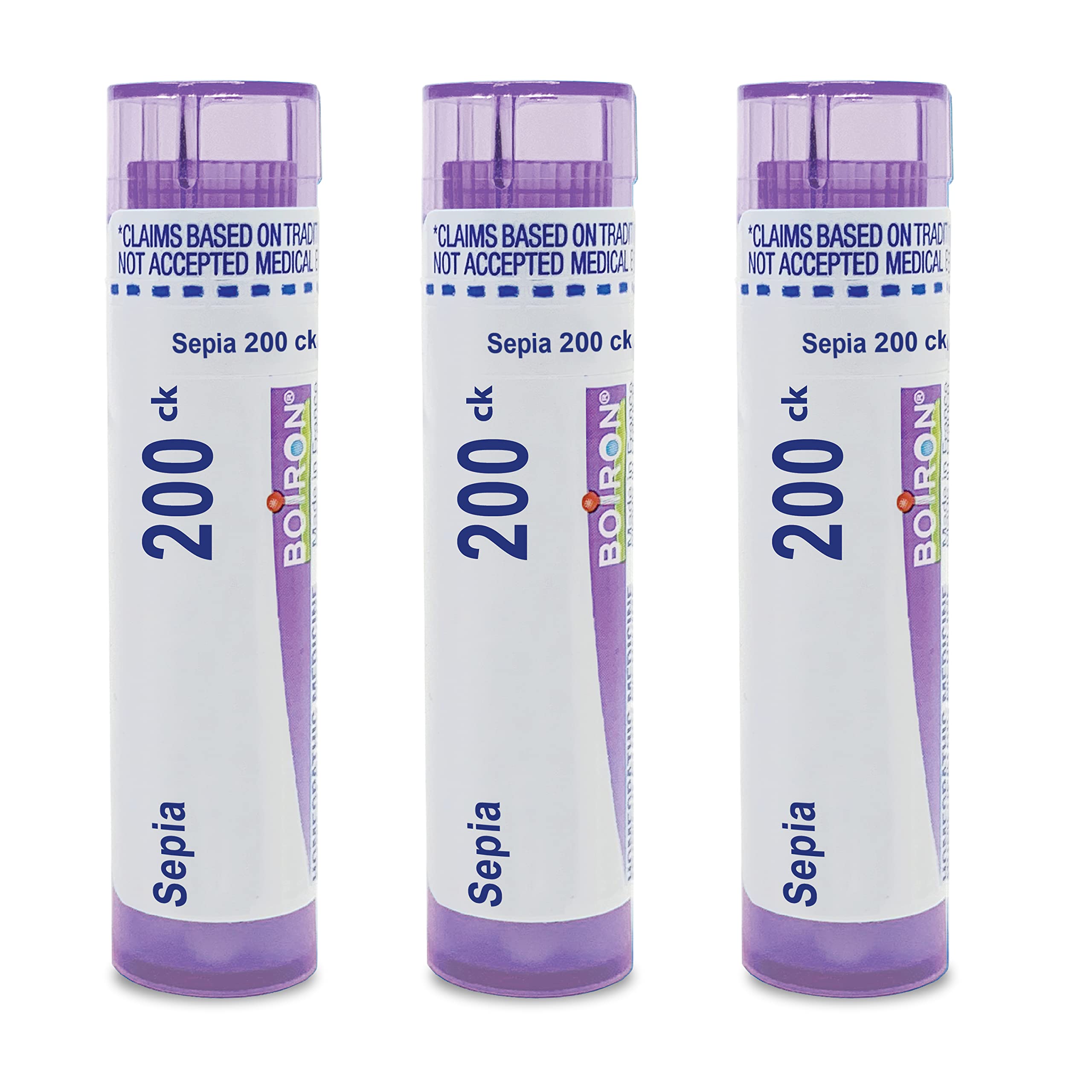 Boiron Sepia 200Ck pellets dissolve under the tongue for on-the-go use.