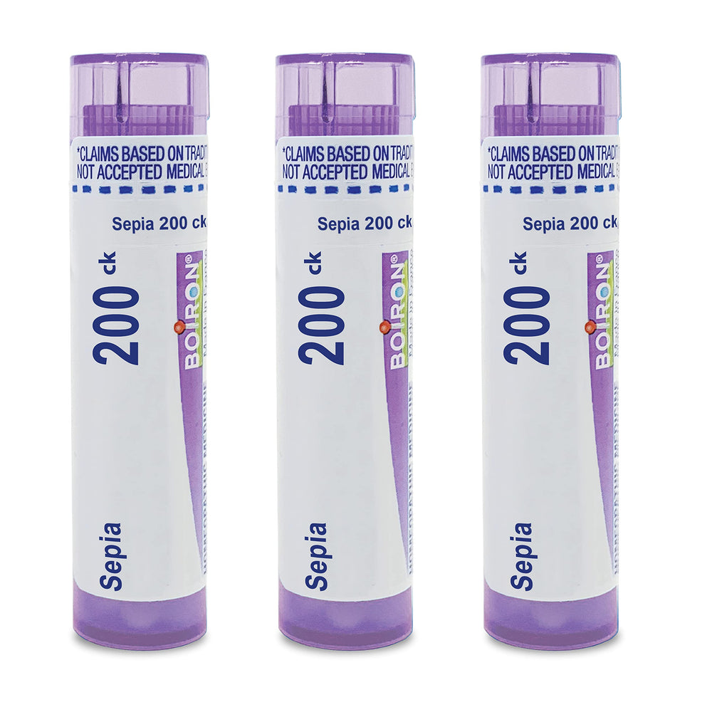Boiron Sepia 200Ck pellets dissolve under the tongue for on-the-go use.