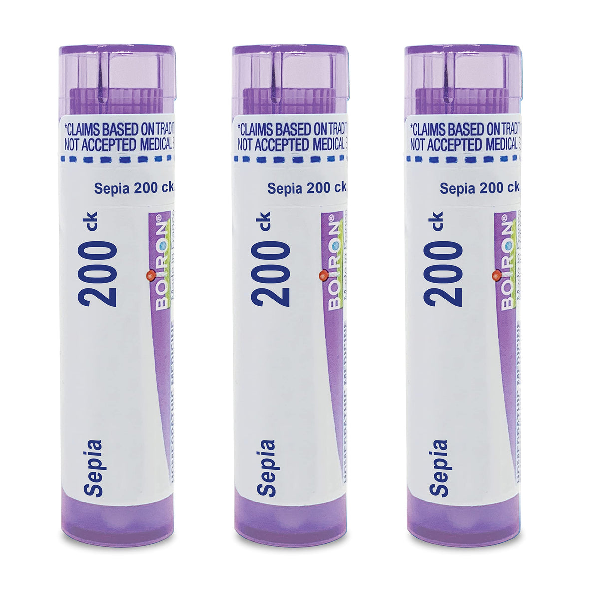 Boiron Sepia 200Ck pellets dissolve under the tongue for on-the-go use.