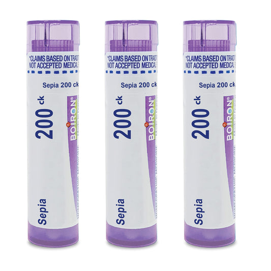 Boiron Sepia 200Ck pellets dissolve under the tongue for on-the-go use.