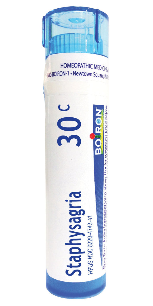Boiron Staphysagria 30C pellets for surgical wounds, gentle healing support.