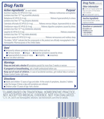 Boiron StressCalm bottle label closeup highlights plant-based calm.