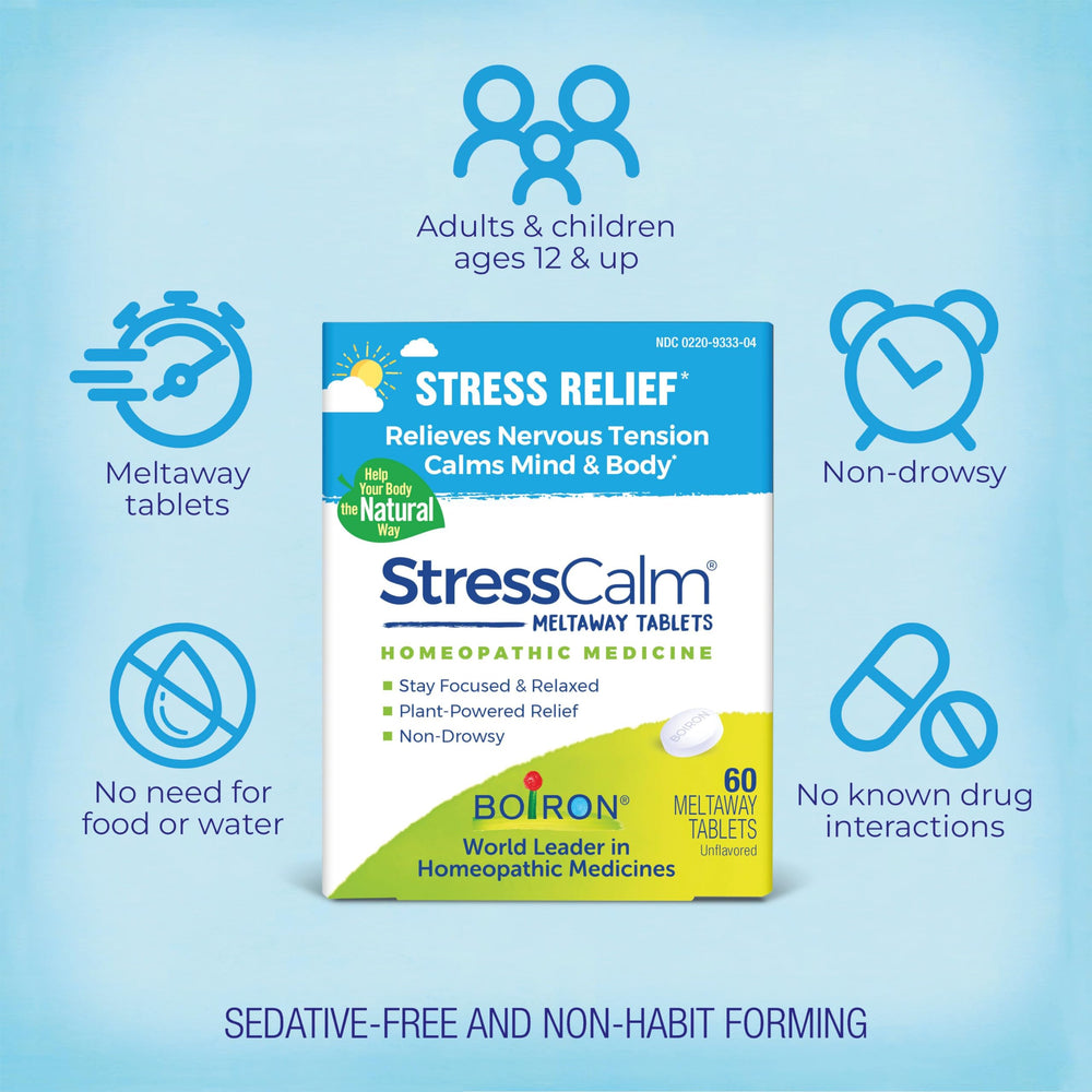 Relaxed office worker uses Boiron StressCalm for focused calm.