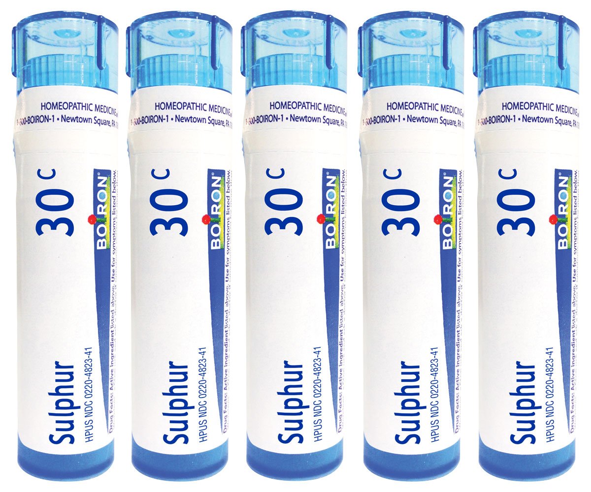 Boiron Sulphur 30C pellets in tube for gentle skin comfort.