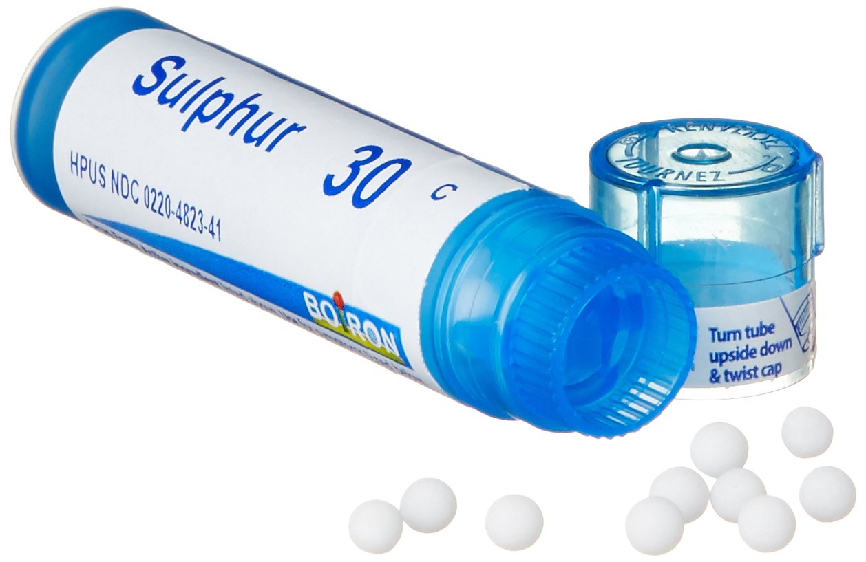 Boiron Sulphur 30C bottle supports natural skin care routines.