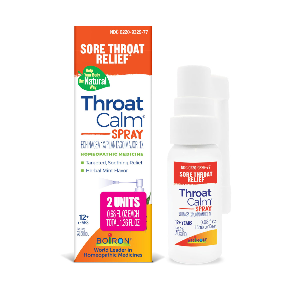 Boiron ThroatCalm Spray bottle for targeted throat relief.