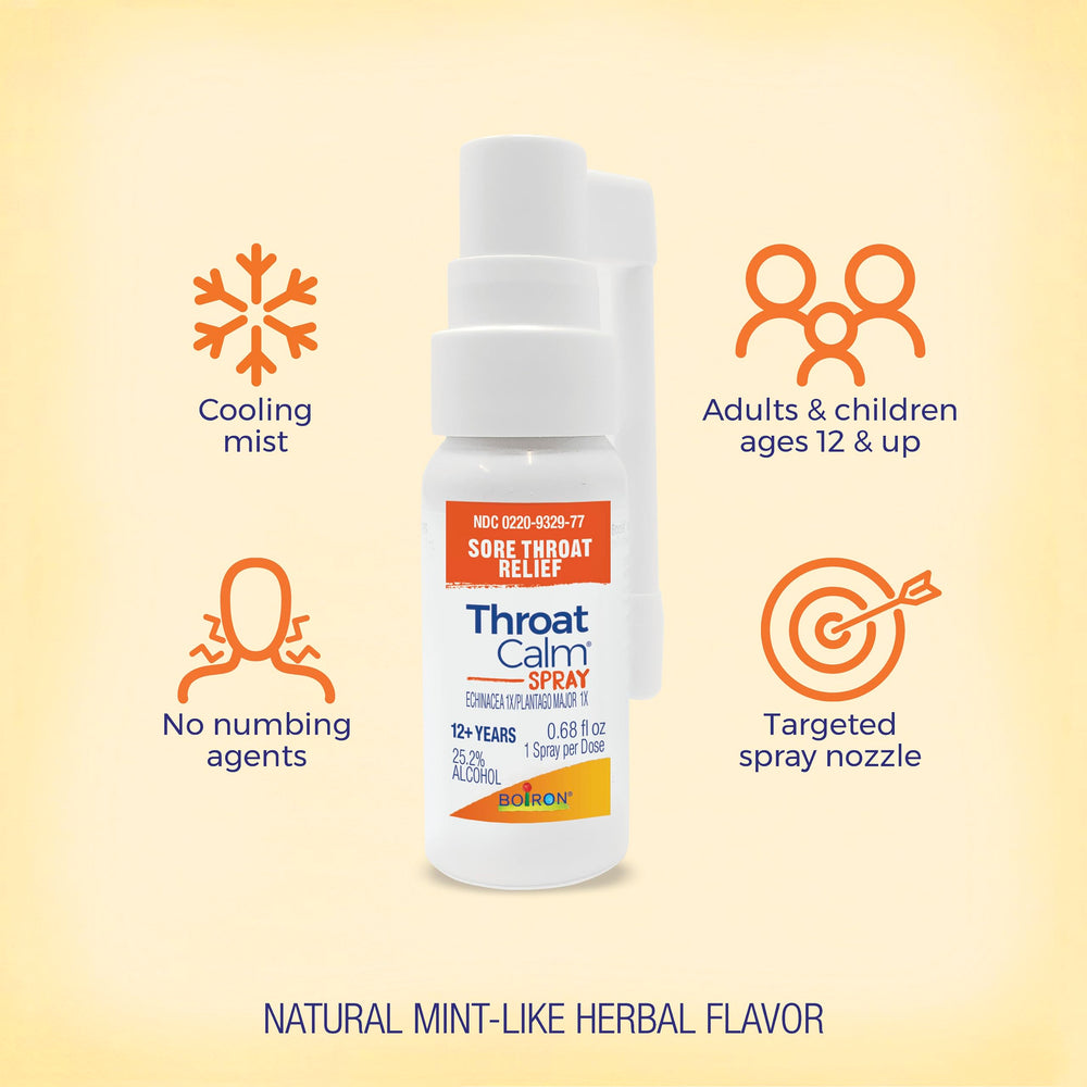 Boiron ThroatCalm packaging highlights plant-powered formula.