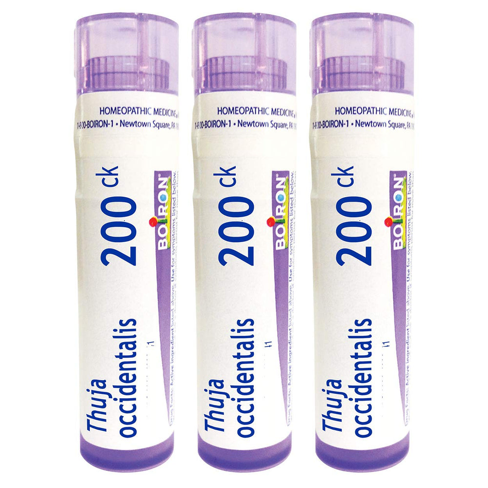 Boiron Thuja Occidentalis 200ck packaging tubes for easy dosing.