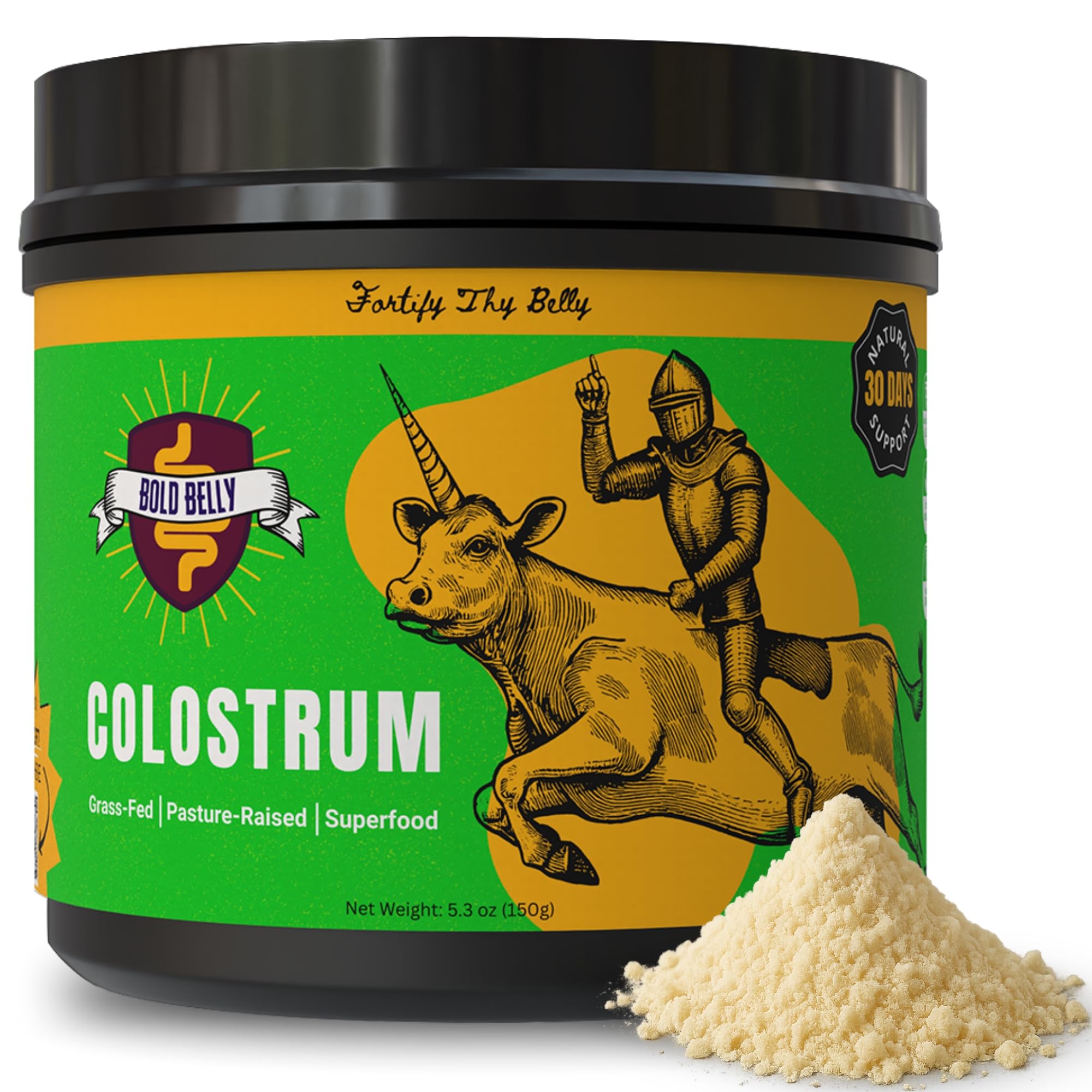 Bold Belly Colostrum Powder bottle highlighting grass-fed sourcing for daily gut wellness