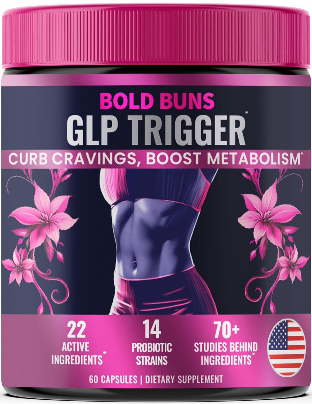 Bold Buns GLP Trigger bottle with capsules for daily appetite support and balanced meals.