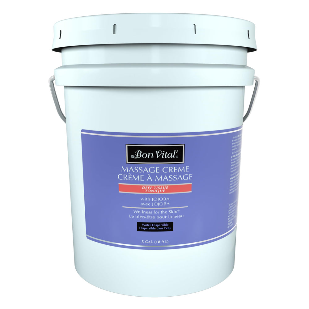 Bon Vital' Deep Tissue Massage Creme 5-Gallon container for professional use.