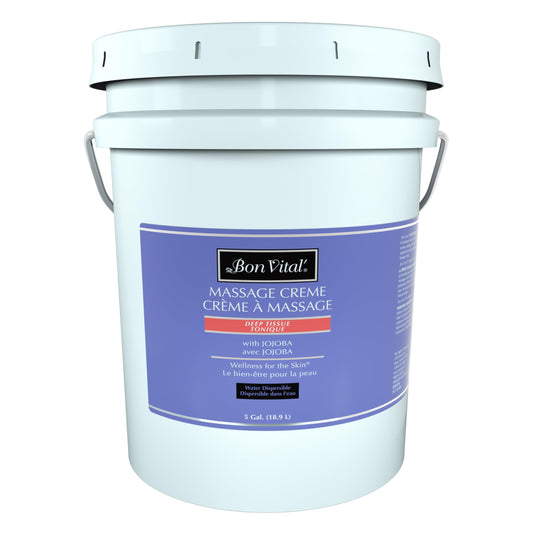 Bon Vital' Deep Tissue Massage Creme 5-Gallon container for professional use.
