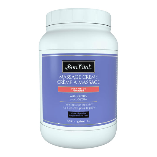 Bon Vital' Deep Tissue Massage Creme bottle pour provides a smooth glide for deep tissue work.