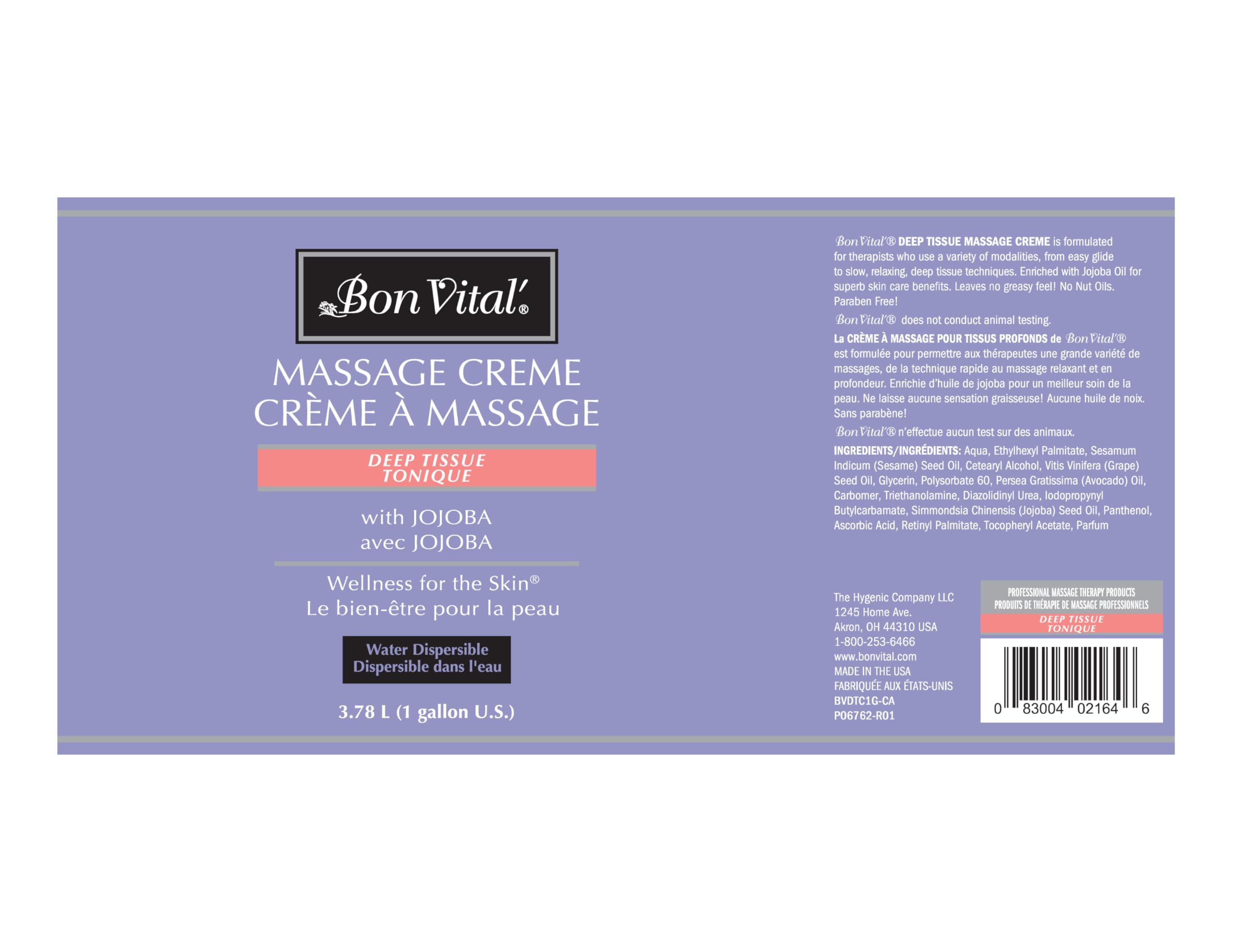 Bon Vital' Deep Tissue Massage Creme texture closeup highlights quick-absorb, non-greasy formula for clients.