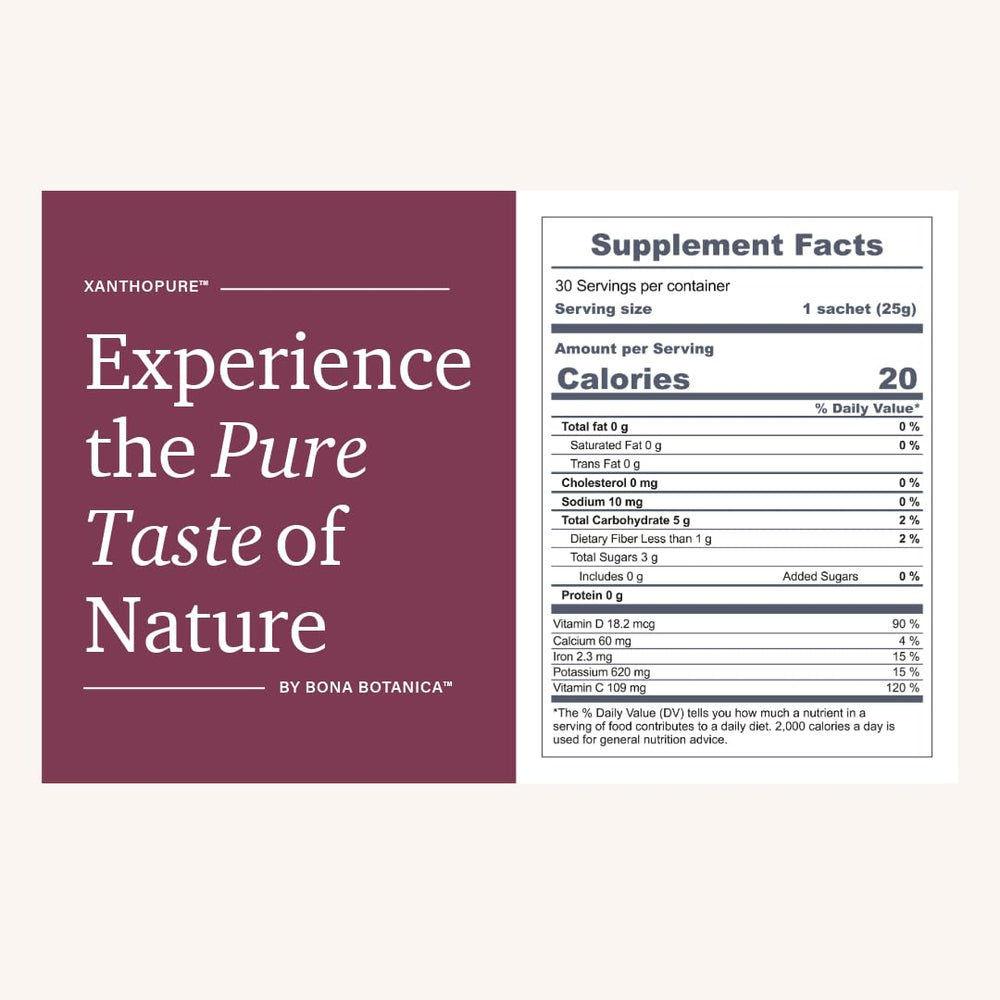 XanthoPure glass serving shows pure mangosteen goodness for daily nutrition