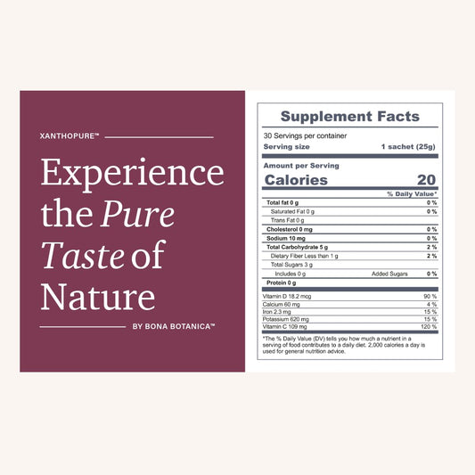 XanthoPure glass serving shows pure mangosteen goodness for daily nutrition