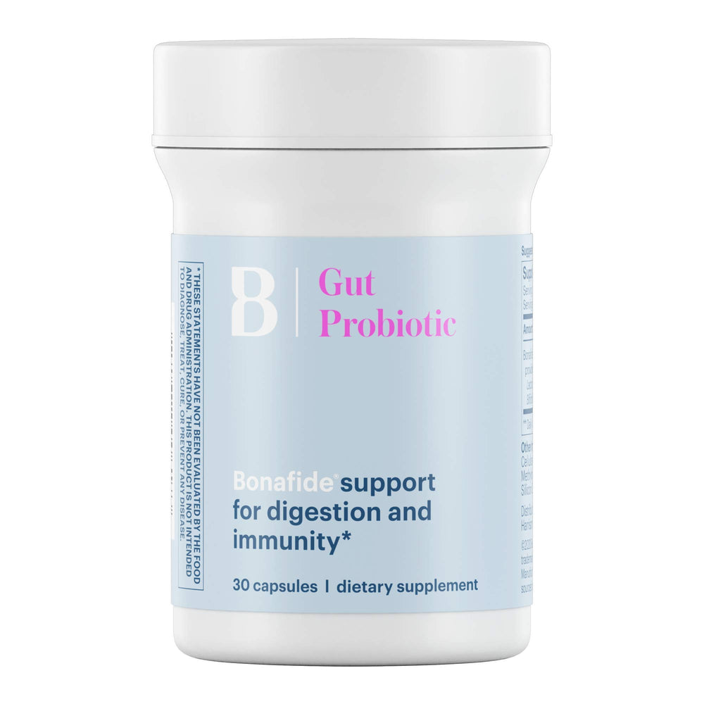 Bonafide Essentials Gut Probiotic bottle front promoting daily digestive support.