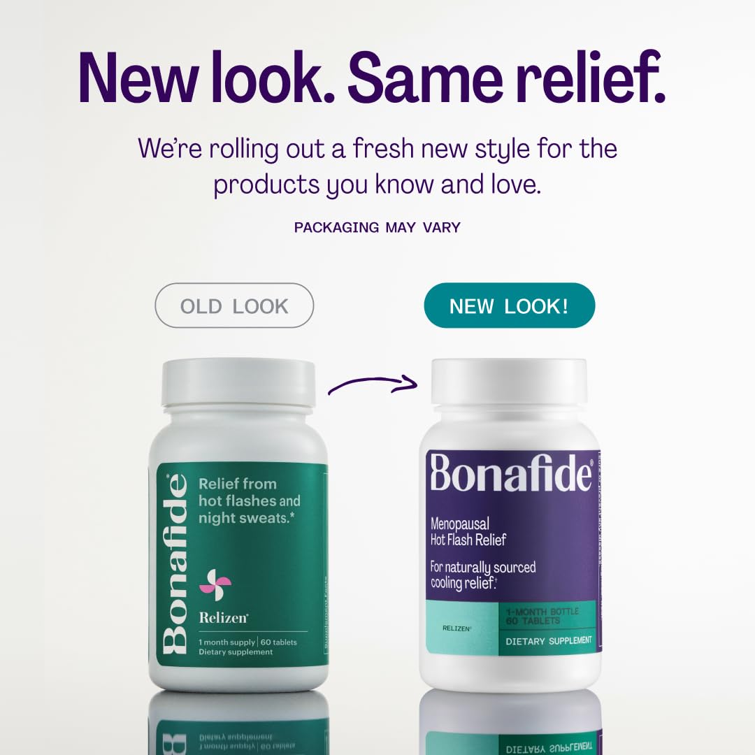 Close-up of Bonafide Relizen bottle with tablets for menopause support.
