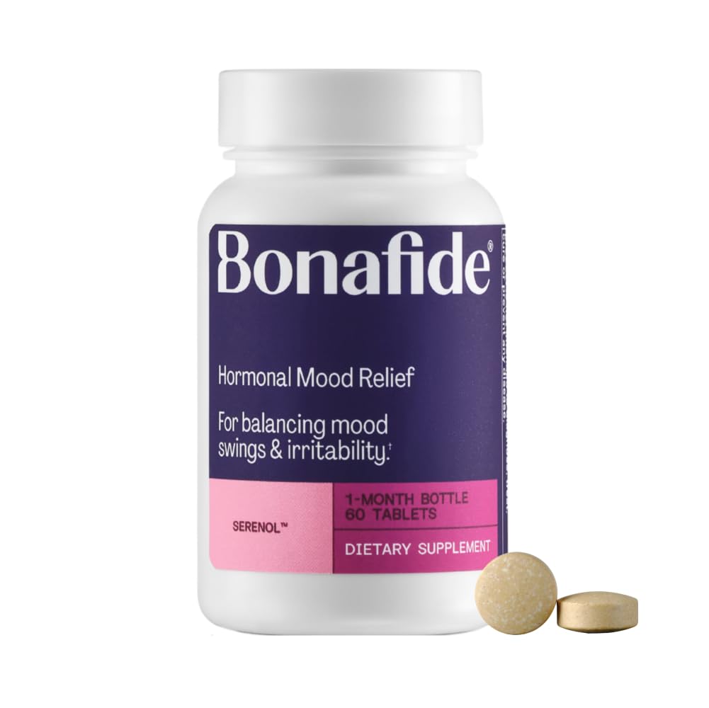 Bonafide Serenol bottle label close-up highlighting natural mood support during PMS