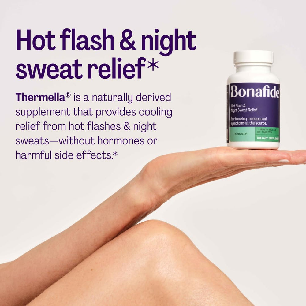 Bonafide Thermella box packaging showcases hormone-free hot flash support.