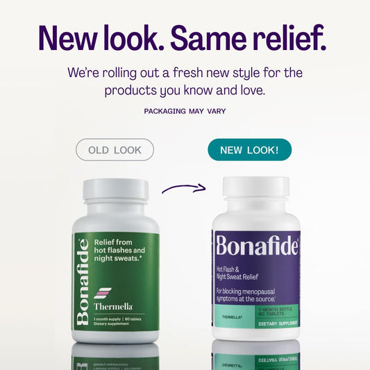 Bonafide Thermella tablets close-up emphasizes daily dosing for menopausal relief.