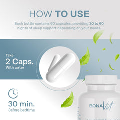 Bonavit BonaDreams bottle beside a glass for a bedtime routine