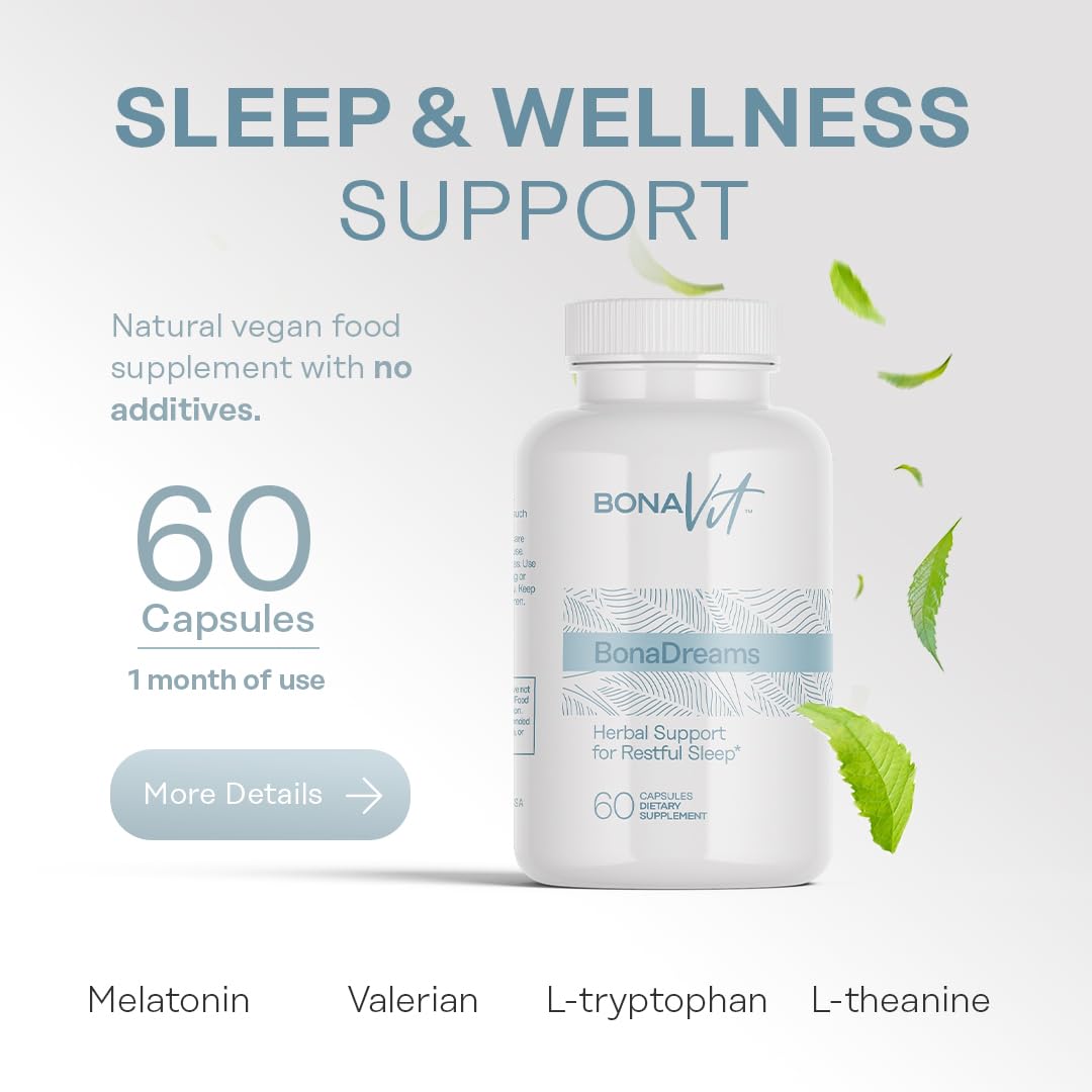 Close-up of BonaDreams capsules showing melatonin blend for bedtime support