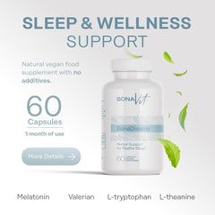 Close-up of BonaDreams capsules showing melatonin blend for bedtime support