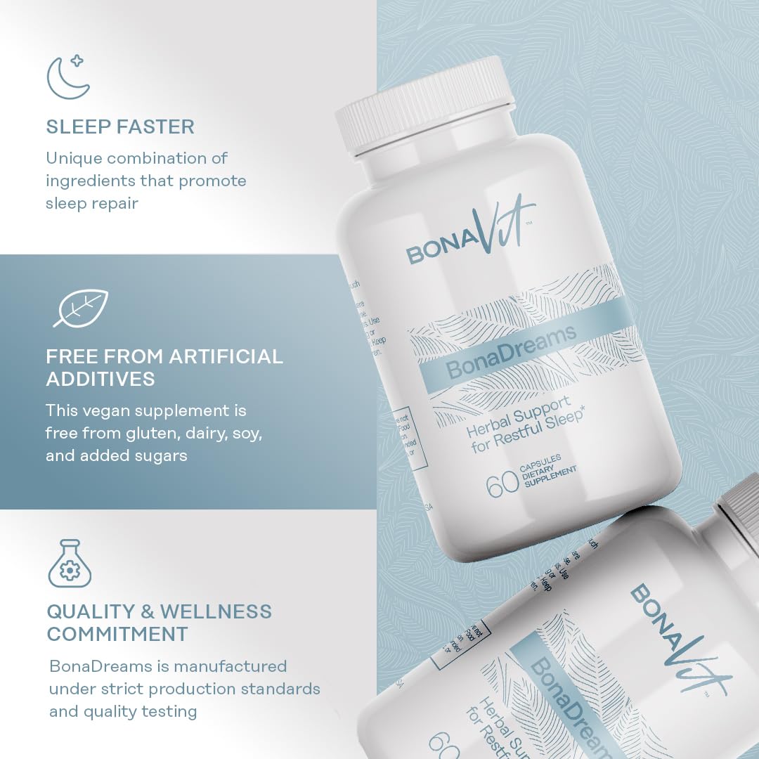 Illustrated ingredients include melatonin valerian and L-theanine for sleep support