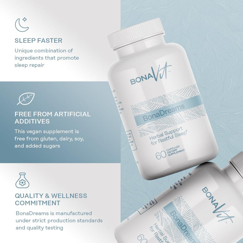 Illustrated ingredients include melatonin valerian and L-theanine for sleep support